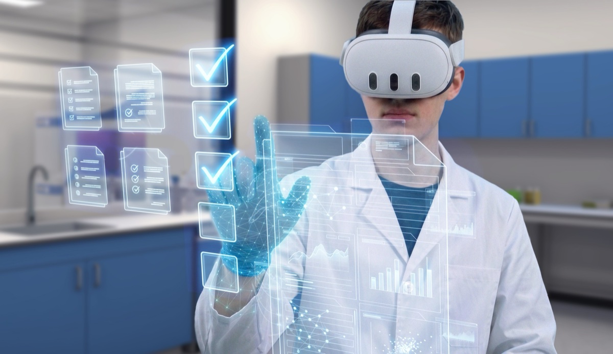 Trainee in a VR headset checking off a virtual training checklist