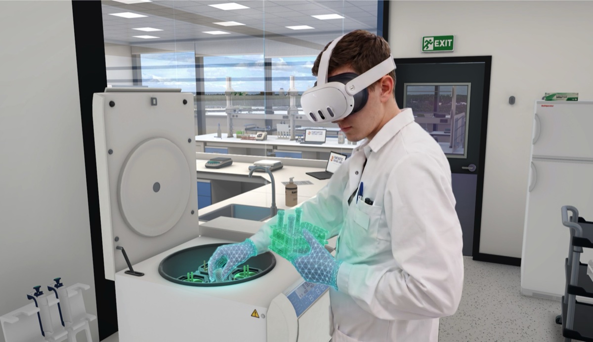 Trainee in a VR headset loading tubes into a centrifuge with virtual hands