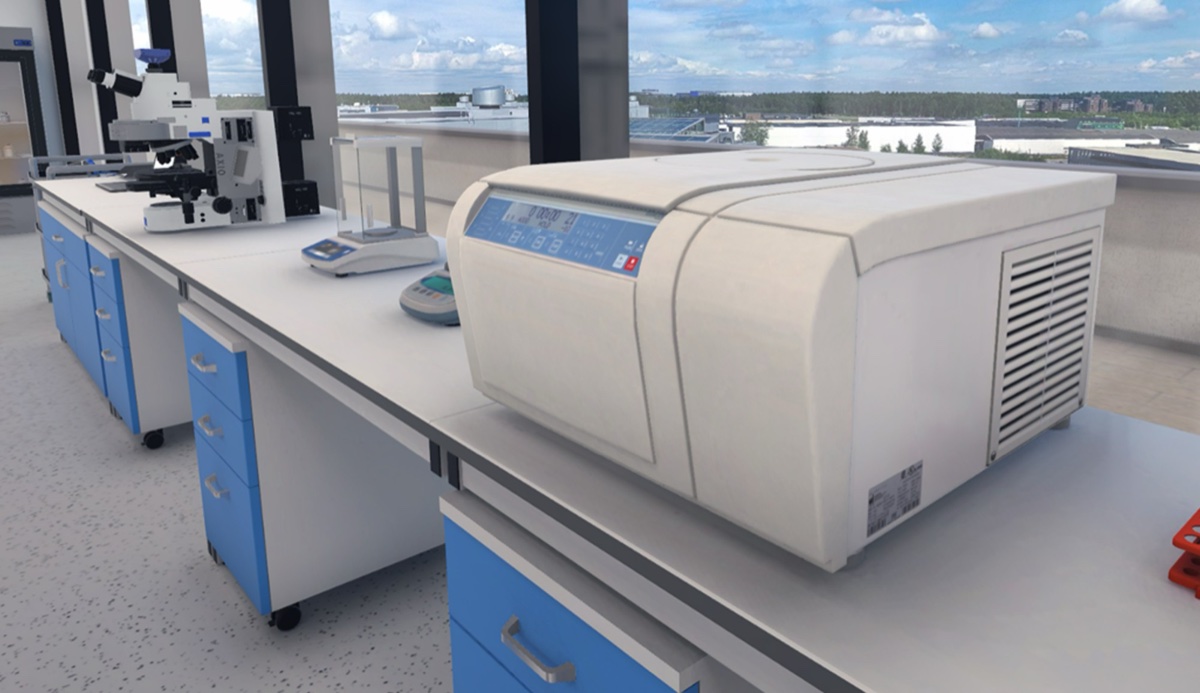 Virtual centrifuge, balance and microscope on a lab bench