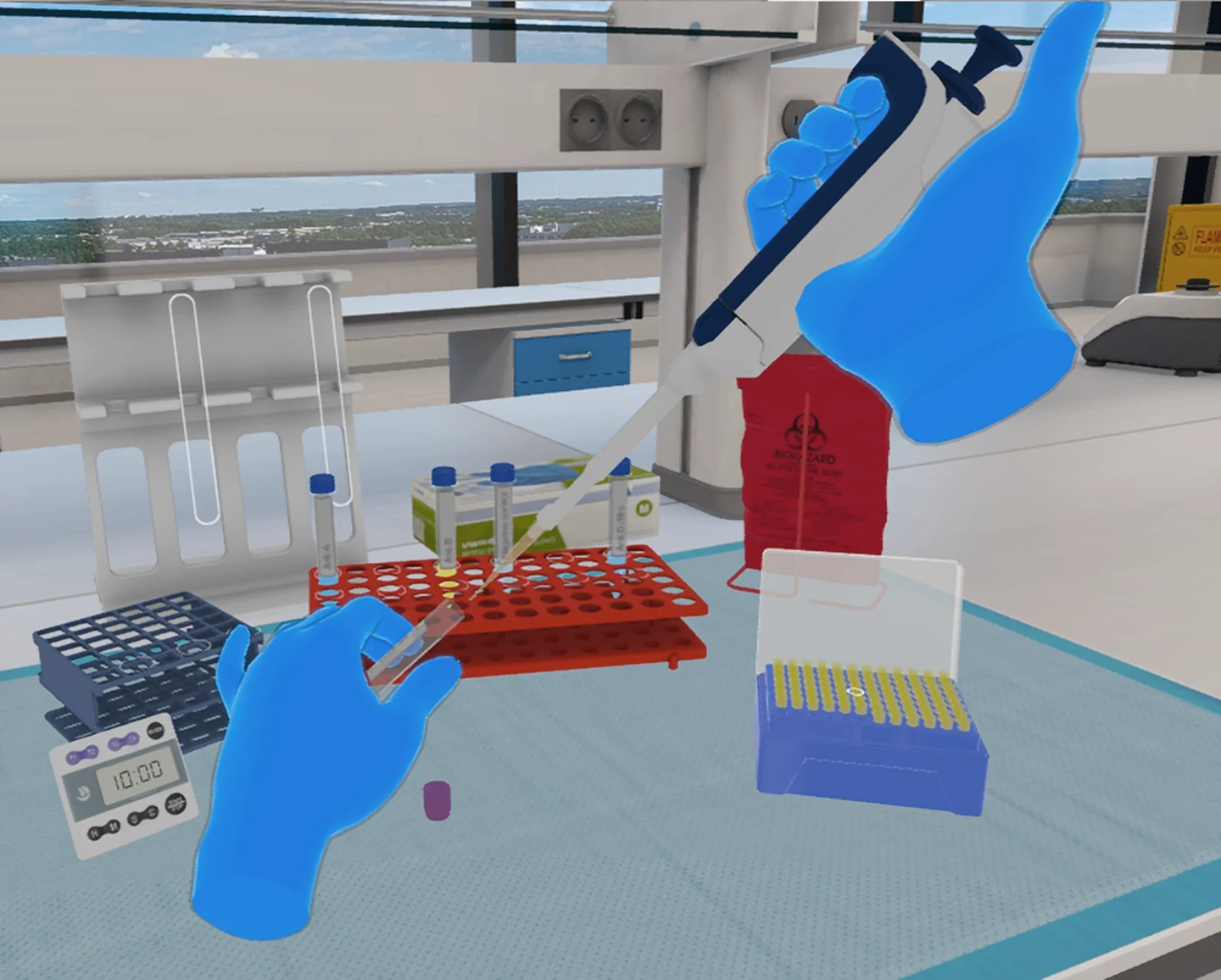 Gloved virtual hands pipetting into a tube rack at a lab bench