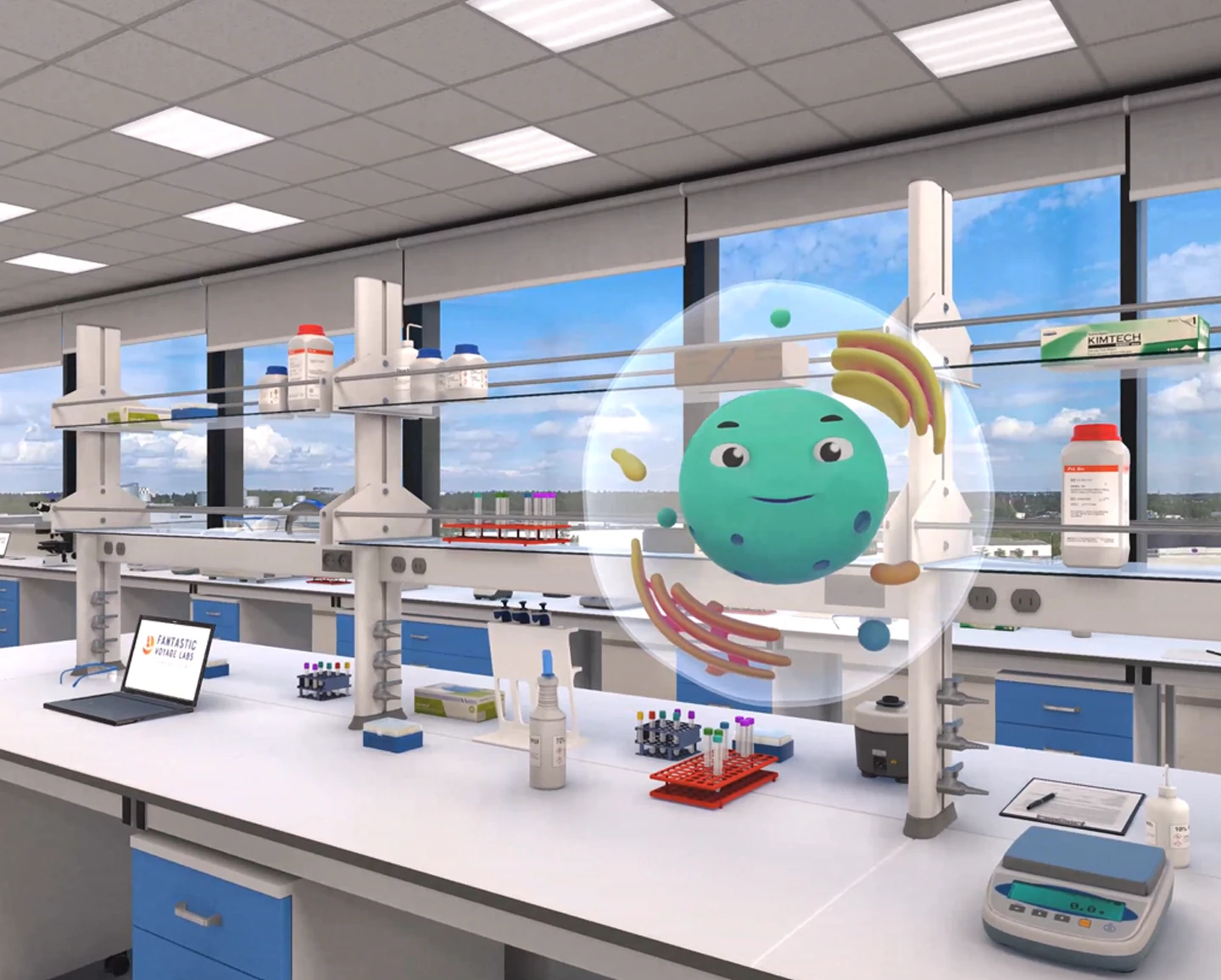 Celly, the virtual instructor, floating above a lab bench