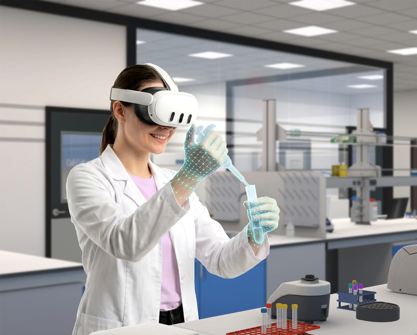 Trainee in a VR headset pipetting with virtual hands in the lab