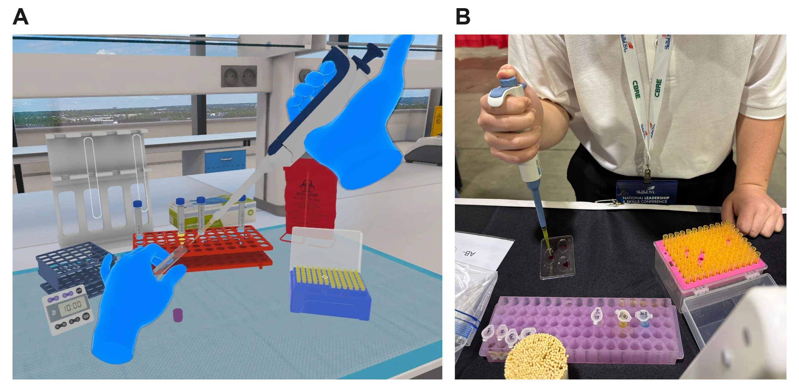 (A) Gloved virtual hands holding a micropipette over a tube rack in the VR lab; (B) a SkillsUSA participant pipetting reagent onto a blood typing slide at the real bench