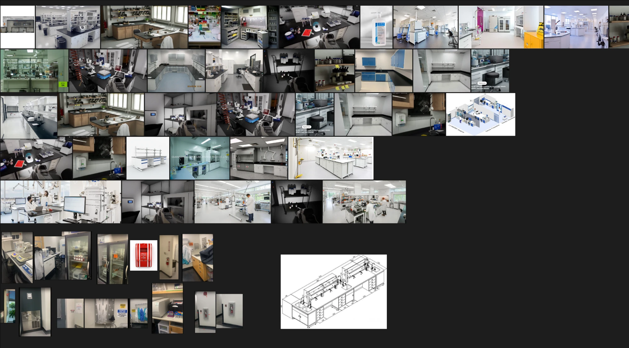 Collage of reference photos of real biomedical laboratories, with a bench elevation drawing