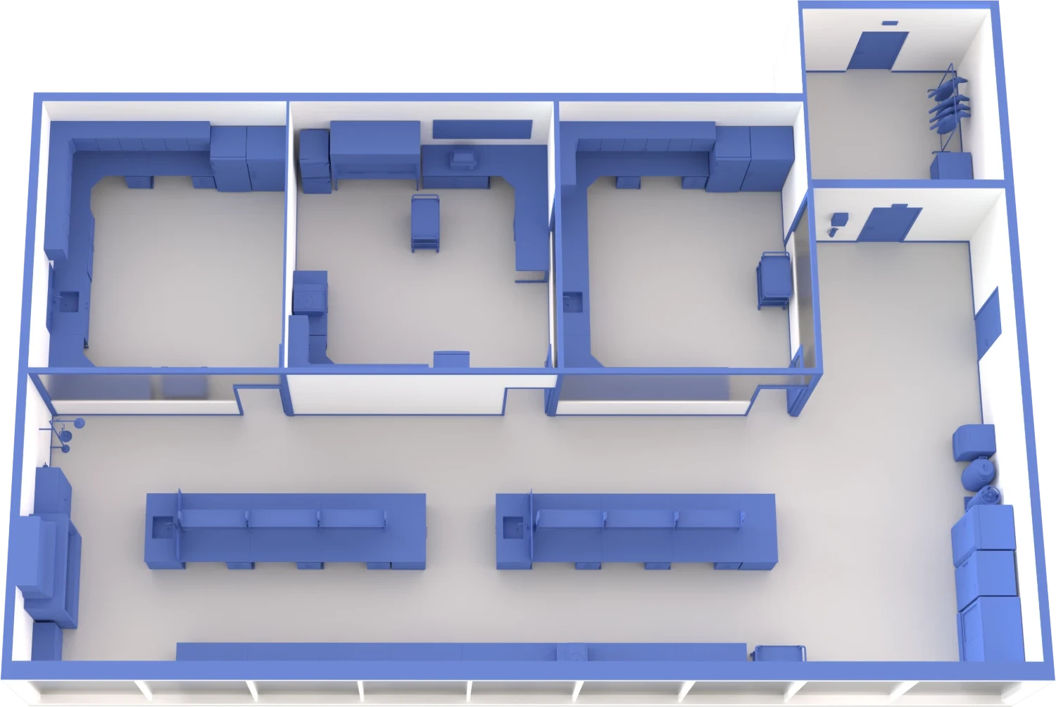 3D blockout of the virtual laboratory floor plan, with workrooms along one side and an open main lab hall